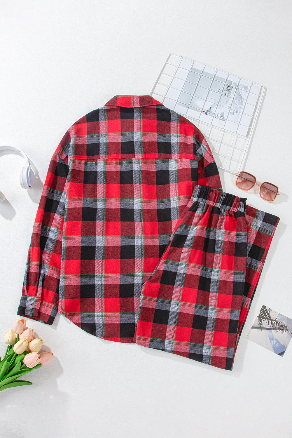 Rode kerst geblokte patroon losse shirt en broek loungeset