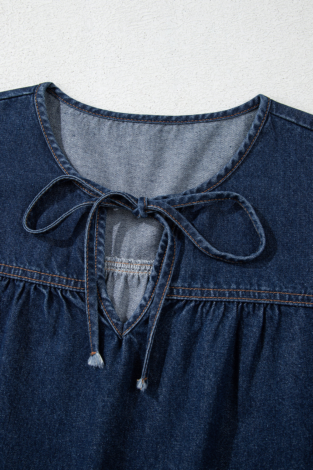 Zeil blauwe puff mouw veter halslijn splicing denim blouse