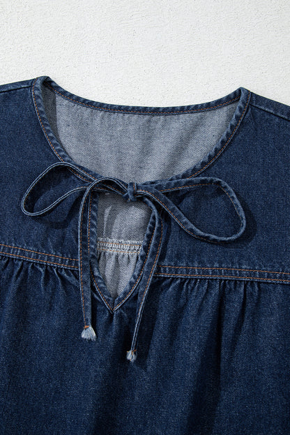 Zeil blauwe puff mouw veter halslijn splicing denim blouse