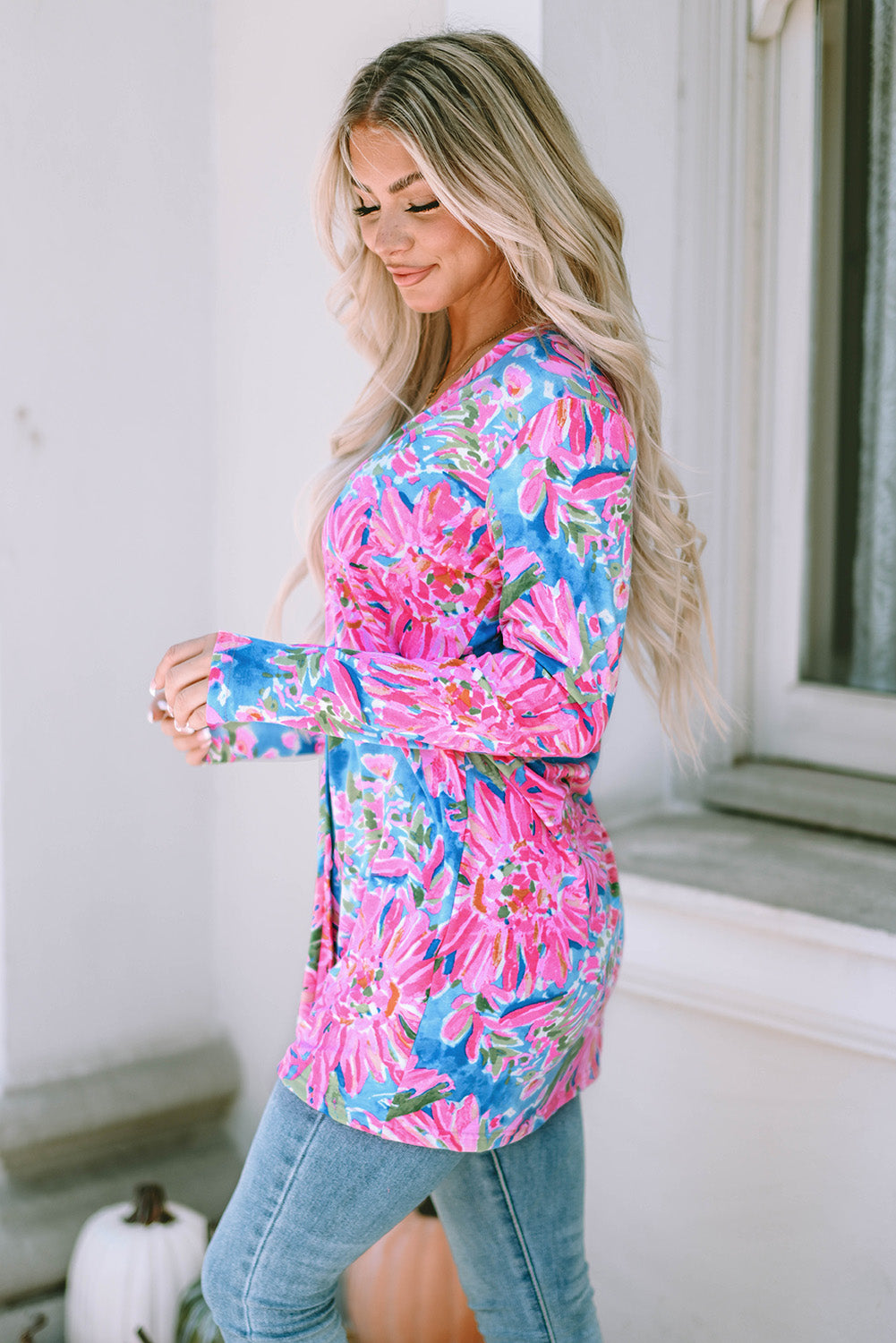 Roze bloemenprint vest met lange mouwen en knopen