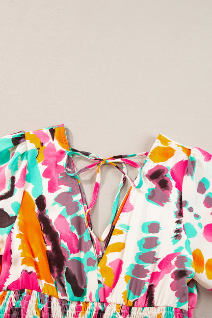 Roze maxi-jurk met boho tie-dye print en V-hals