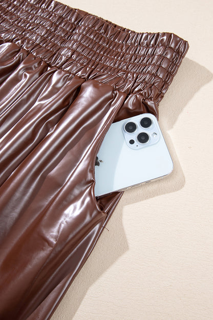 Bruine gesmokte leren skinny broek met hoge taille