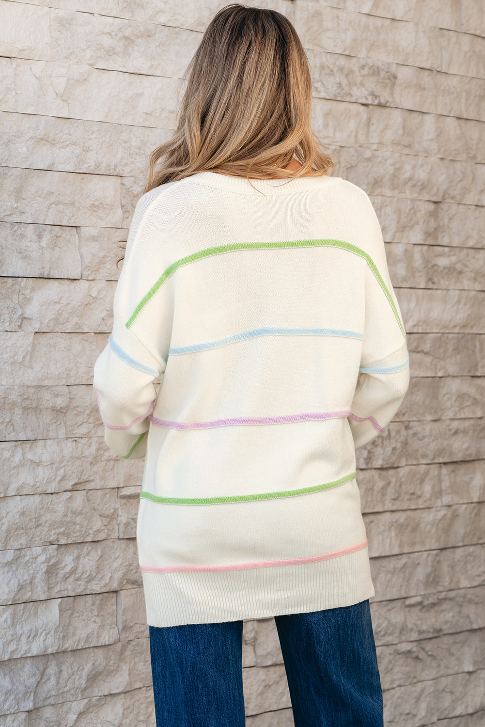 Witte regenboogstrepen laten schouderbaggy henley trui