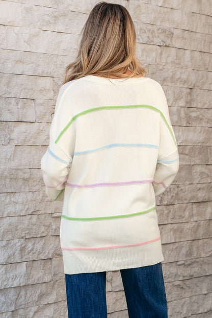 Witte regenboogstrepen laten schouderbaggy henley trui