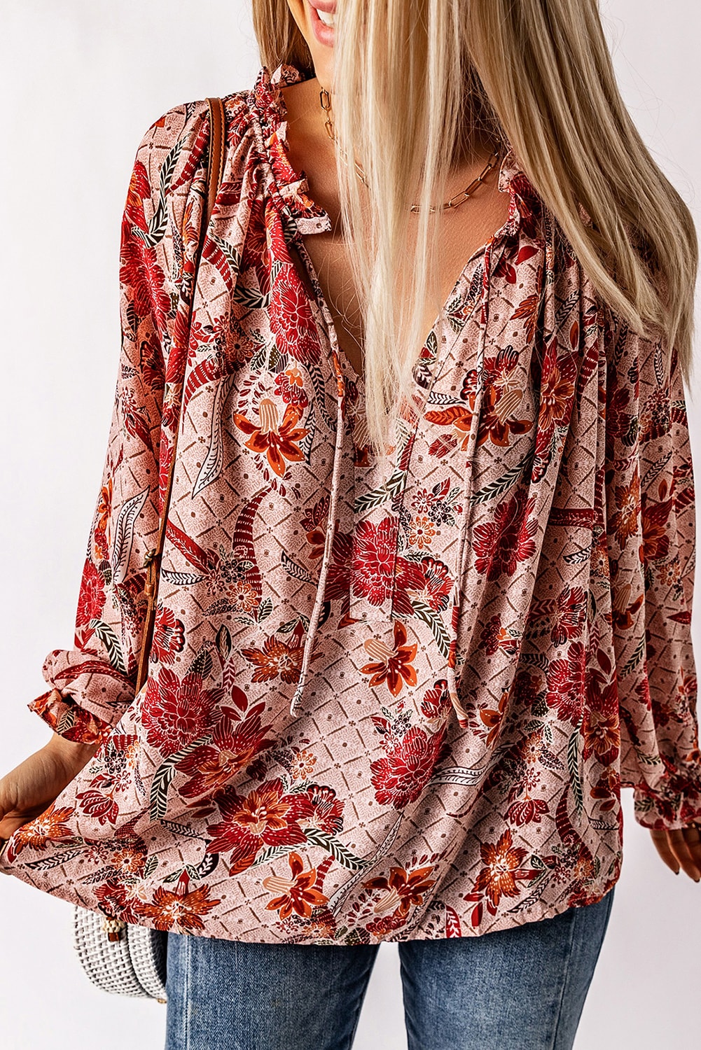 Roze blouse met split en V-hals en print