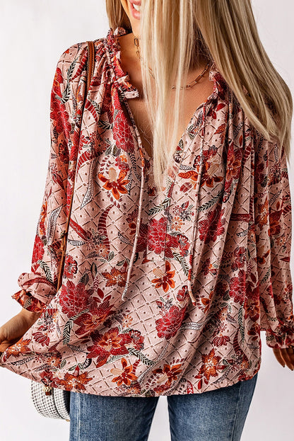 Roze blouse met split en V-hals en print