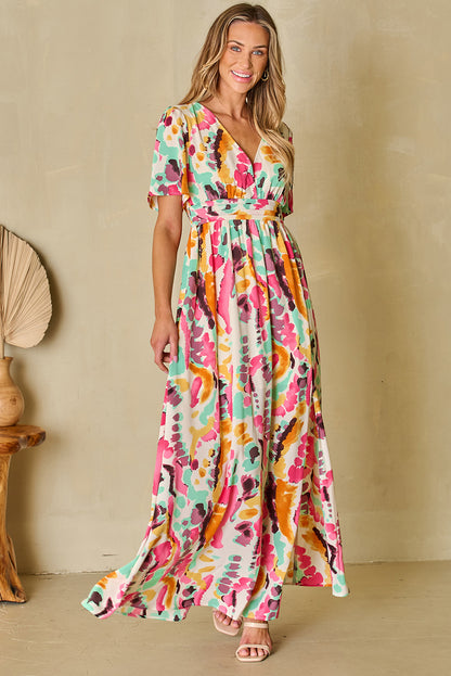 Roze maxi-jurk met boho tie-dye print en V-hals