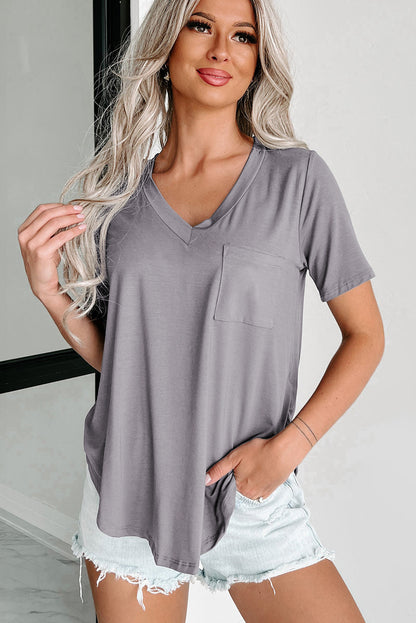 Middelgrijs T-shirt met V-hals en ronde zoom