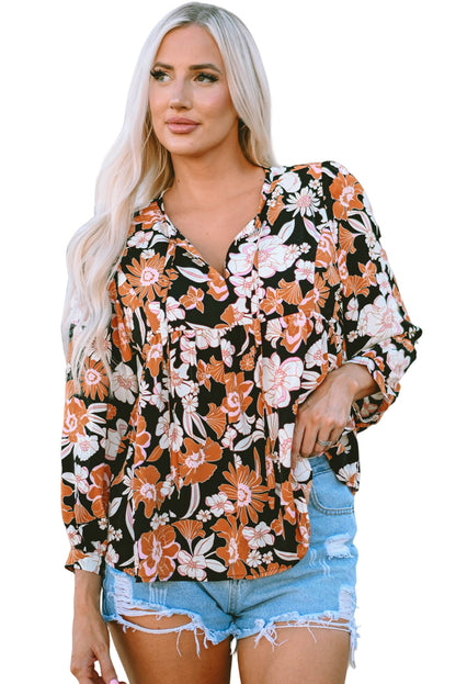 Bruine babydollblouse met 3/4 mouwen en bloemenprint