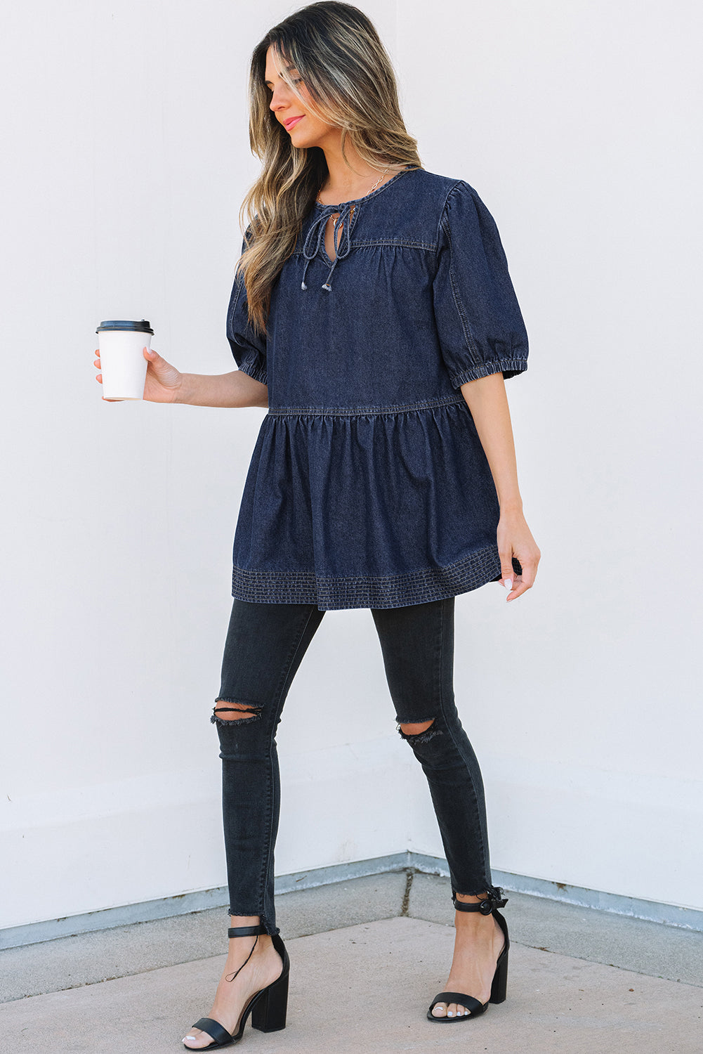 Zeil blauwe puff mouw veter halslijn splicing denim blouse