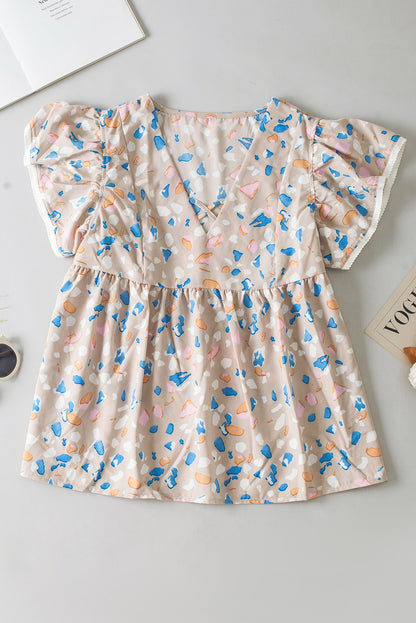 Kaki gekruiste blouse met V-hals, ruches en mouwen en print