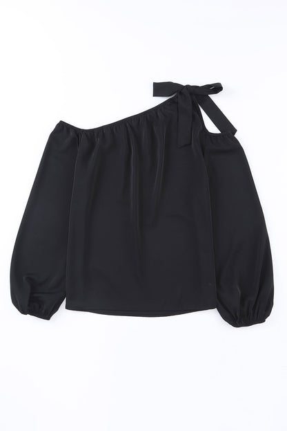 Zwart geknoopte asymmetrische off-shoulder blouse