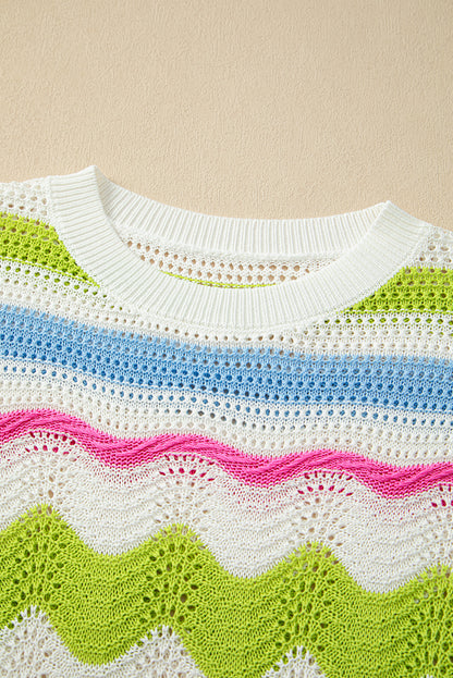 Witte colorblock gehaakte trui met ruches en korte mouwen