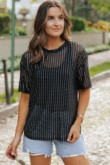 Zwart transparant T-shirt met lage schouder en pailletten