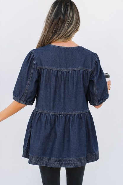 Zeil blauwe puff mouw veter halslijn splicing denim blouse