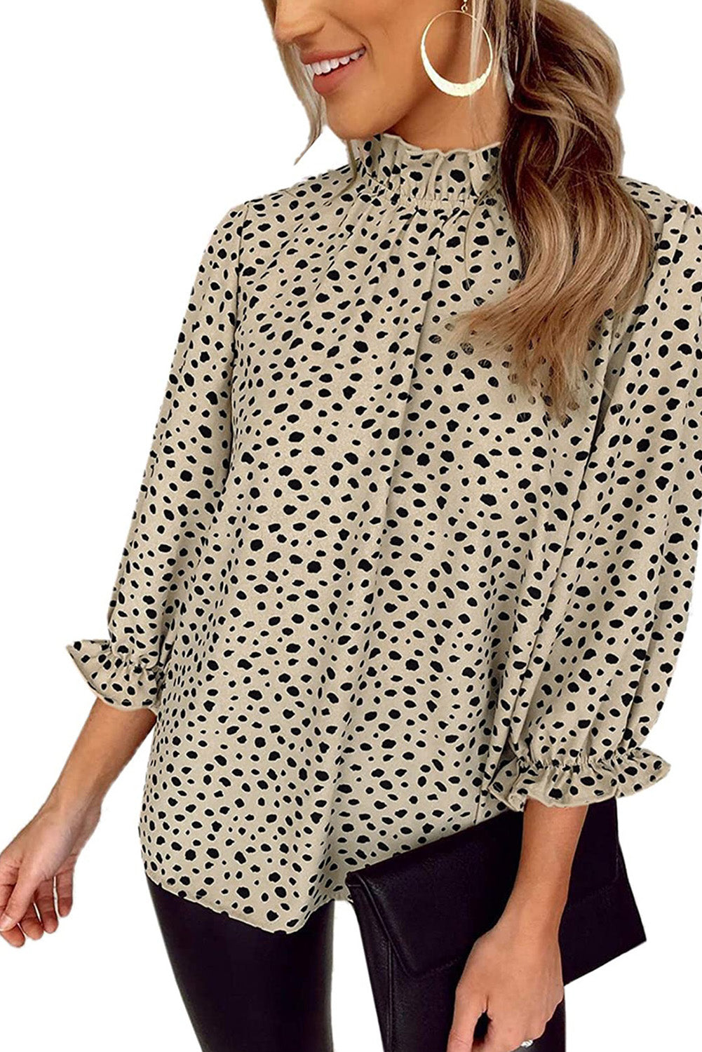 Kaki Cheetah-blouse met 3/4 mouwen en ruches aan de hals