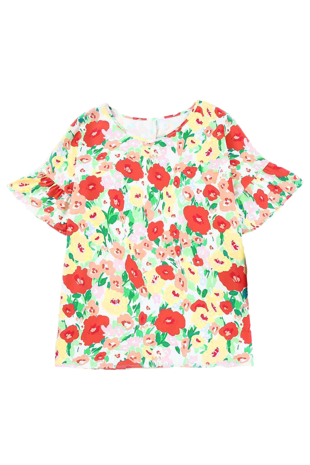 Vurige rode bloemenprint gegolfde blouse met korte mouwen en V-hals