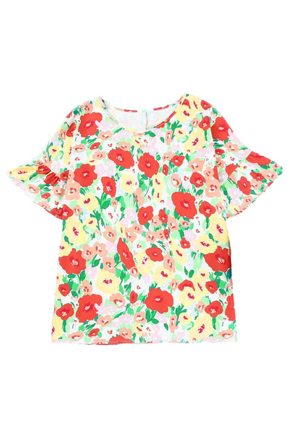 Vurige rode bloemenprint gegolfde blouse met korte mouwen en V-hals