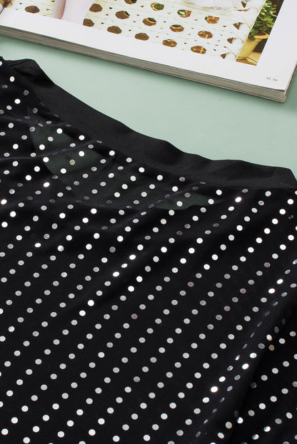 Zwart transparant T-shirt met lage schouder en pailletten