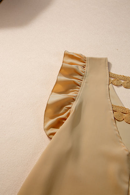 Perkament V-hals blouse met ruches, kanten verfraaide holle achterkant