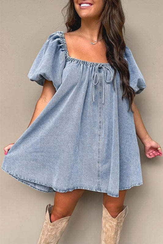 Myosotis bubbel mouw vierkante nek denim babydoll jurk