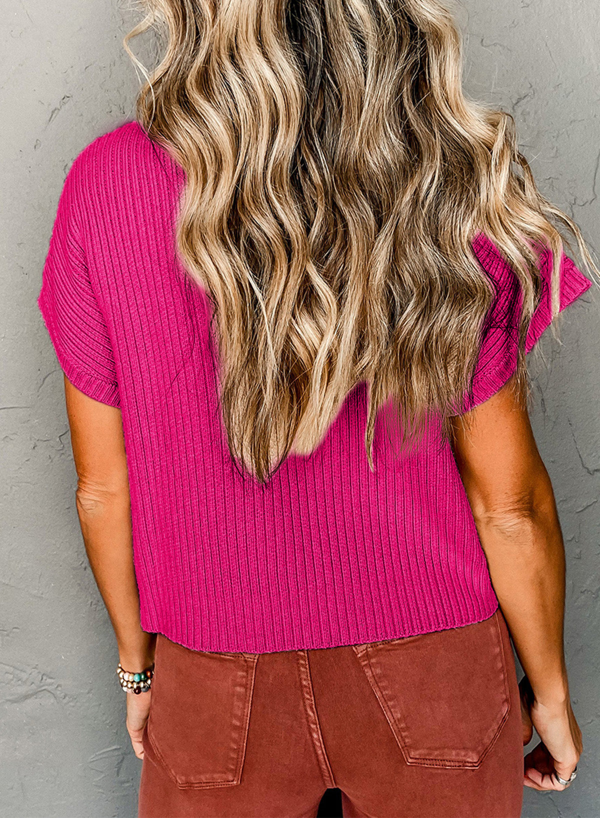Beau Blue Patch Pocket geribbeld gebreide trui met korte mouwen