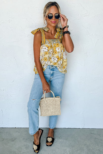 Gele bloemen patchwork tanktop met vastgebonden bandjes en knopen