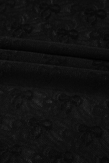 Black Bowknot Sheer Mesh Mock Neck Settuce Trim Short Sleeve Top
