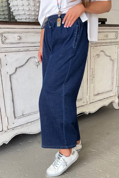 Real Teal Plus Size Drawstring High Taille Wide Leg Casual Jeans