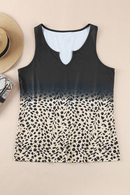 Zwarte tanktop met luipaardmotief en splithals