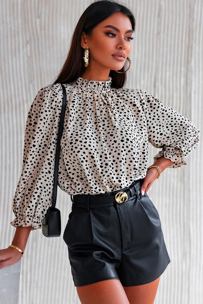 Kaki Cheetah-blouse met 3/4 mouwen en ruches aan de hals