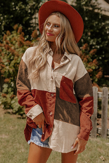 Kaneel Colorblock Corduroy shacket met gebogen zoom en zak