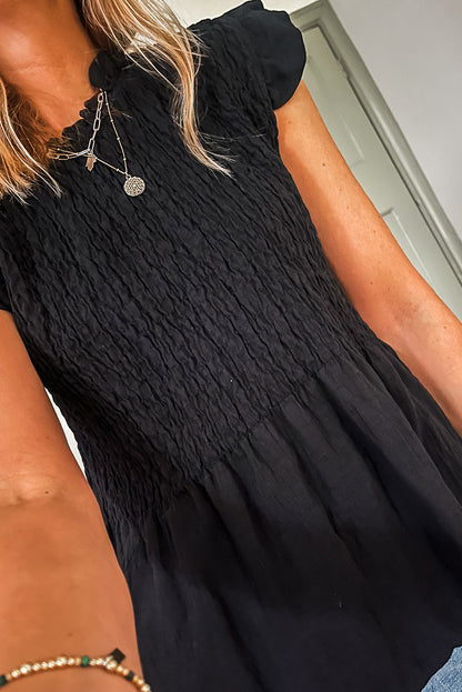 Zwarte ruche korte mouw shirred peplum top