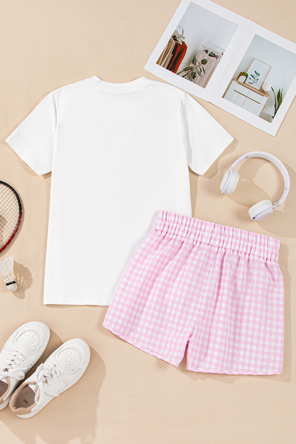 Witte mama gedrukte tee en plaid shorts lounge set
