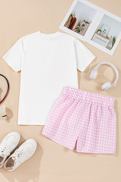 Witte mama gedrukte tee en plaid shorts lounge set