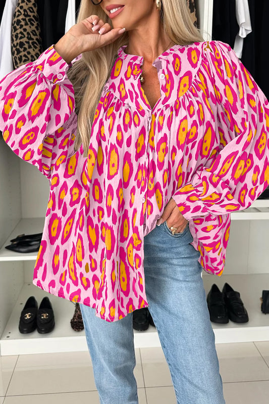 Rose Red Oversized Leopard Print Ballon Sleeve Casual Shirt