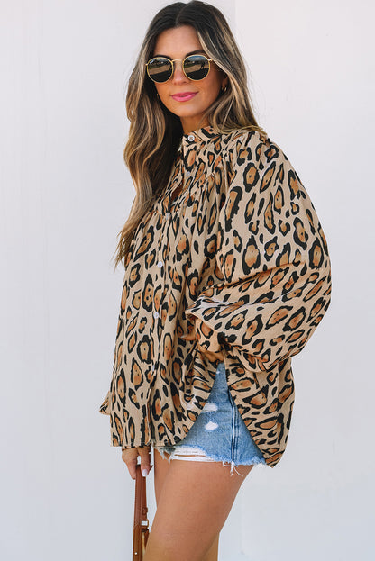 Licht Frans beige oversized luipaard print ballon mouw casual shirt