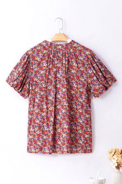 Paarse bloemenprint geknoopte blouse met hoge hals en pofmouwen