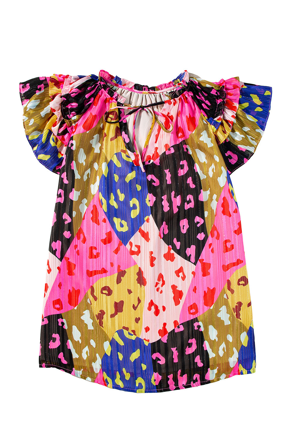 Gekreukte blouse met roze luipaardmouwen en v-hals