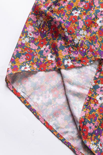 Paarse bloemenprint geknoopte blouse met hoge hals en pofmouwen
