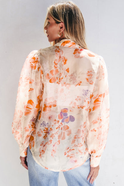 Wit los overhemd met kraag en ballonmouwen met bloemenprint