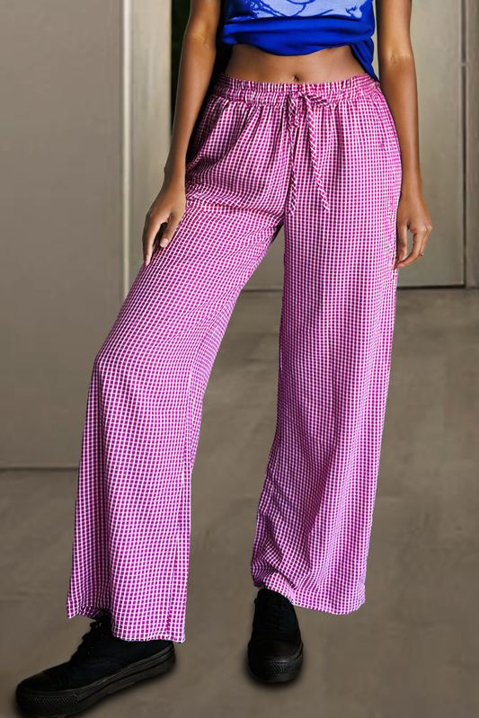 Roze plaid print Drawtring Hoge taille brede poot Casual broek