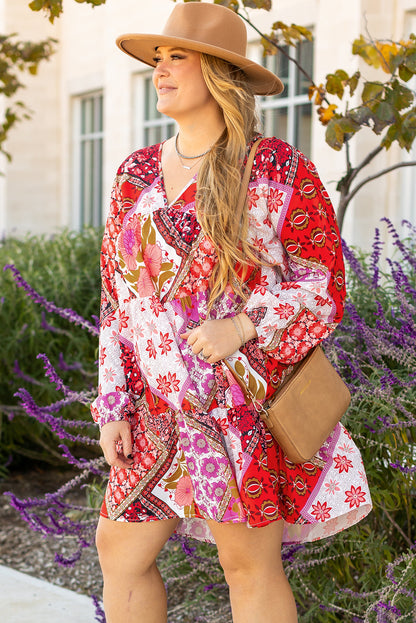 Rose gemengde bloemen met lange mouw v nek veter uitgeholde achterkant plus size jurk