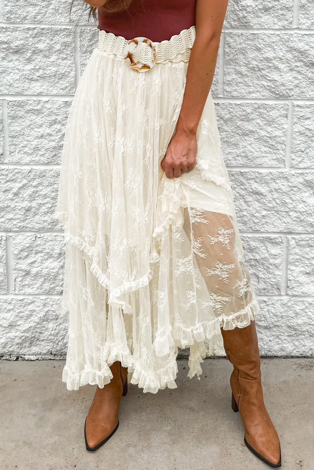 Beige Lace Cascading Tiered High Taille Maxi Rok