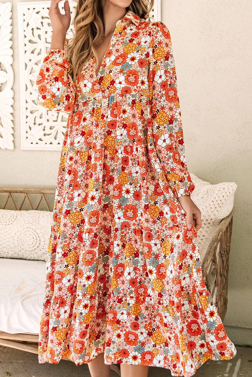 Veelkleurige Boho gebloemde jurk met lange mouwen en ruches