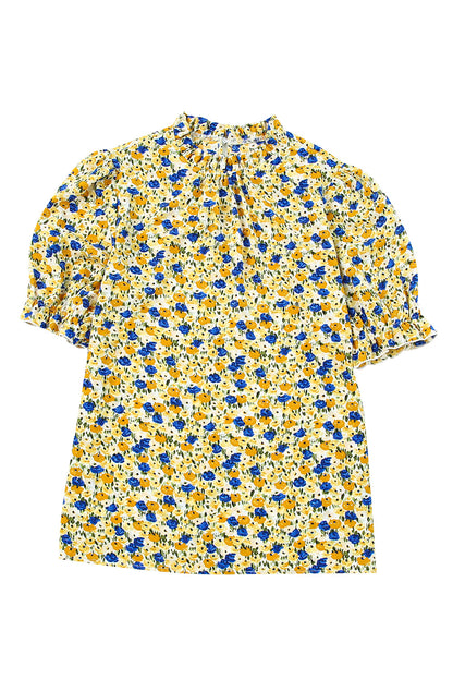 Gele Boho bloemen ruches korte mouw franje mock hals blouse