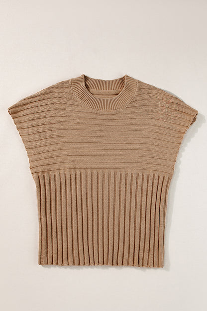 Licht Frans beige ribgebreid trui-T-shirt met wijde mouwen