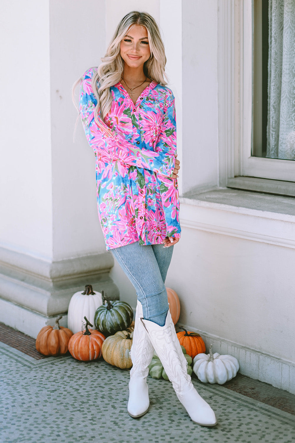 Roze bloemenprint vest met lange mouwen en knopen