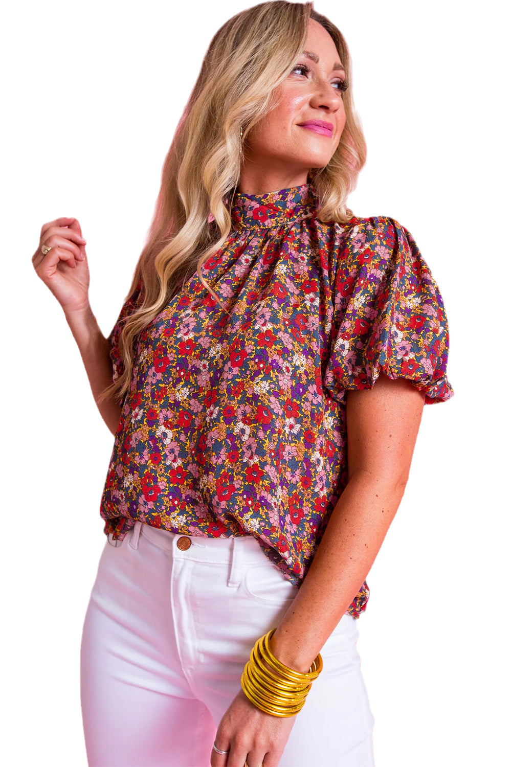 Paarse bloemenprint geknoopte blouse met hoge hals en pofmouwen