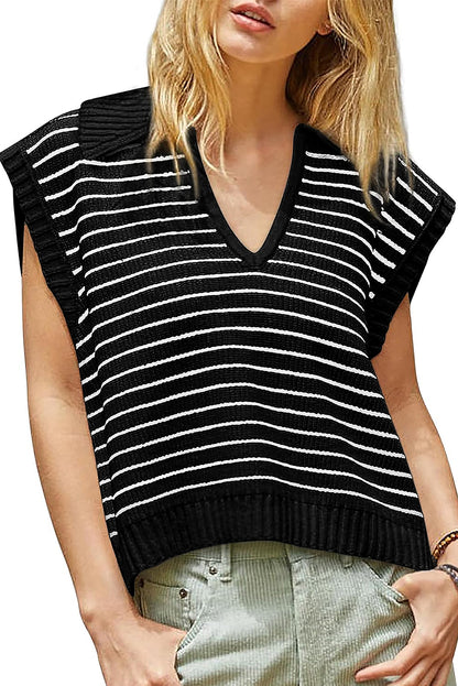 Zwarte gestreepte turn-down tanktop met V-hals
